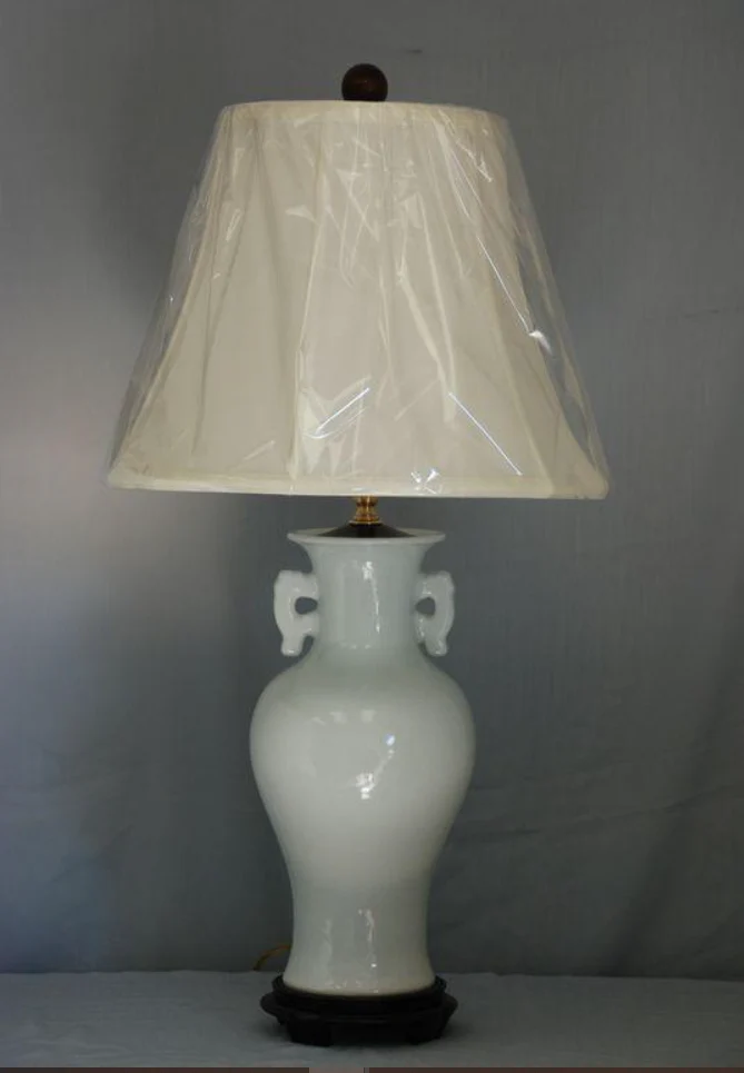 28” Porcelain Crackle White Vase Lamp with Linen White Hard Back Drum Shade