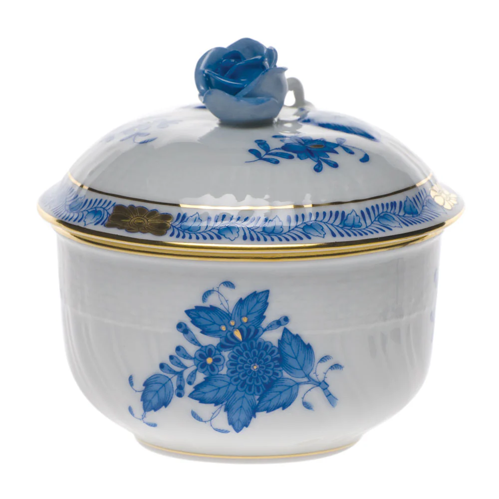 Chinese Bouquet Blue Cov Sugar W/rose  (4 Oz) 3.25"h