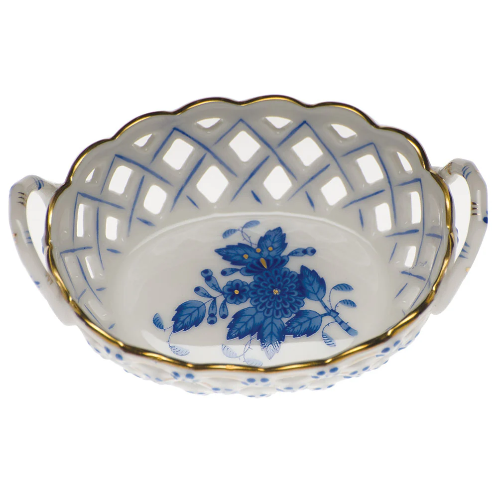 Chinese Bouquet Blue Sm Openwork Basket W/handles 3.5"l X 2.5"w