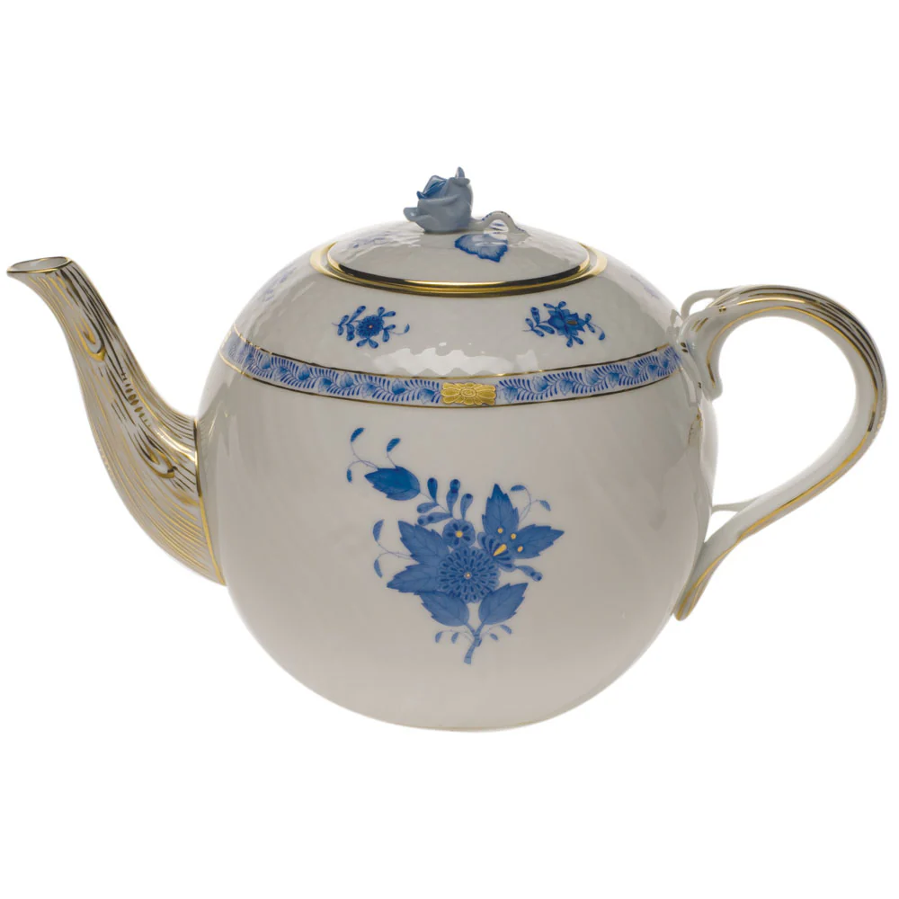 Chinese Bouquet Blue Tea Pot W/rose  (60 Oz) 6.5"h