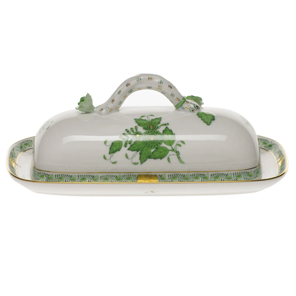 Chinese Bouquet Green Butter Dish W/branch  8.5"l