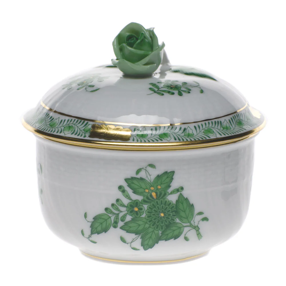 Chinese Bouquet Green Cov Sugar W/rose  (4 Oz) 3.25" h