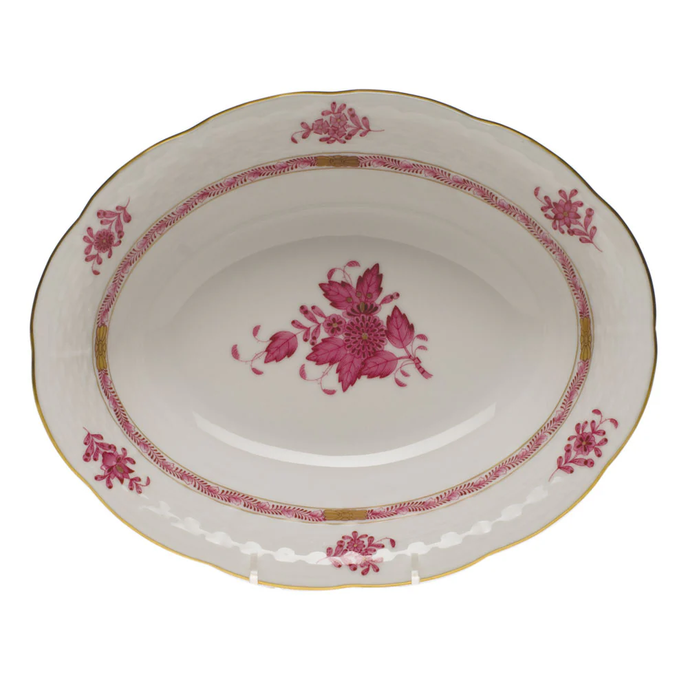 Chinese Bouquet Raspberry Oval Veg Dish  10"l X 8"w