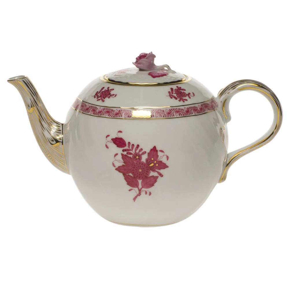 Chinese Bouquet Raspberry Tea Pot W/rose (36 Oz) 5.5"h