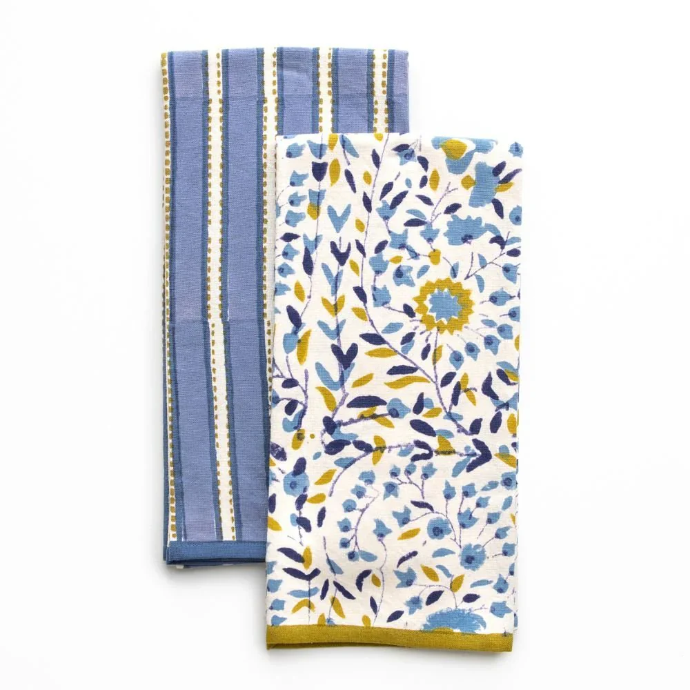 Starflower Blue & Ochre/Dotted Stripe Blue Tea Towel Set