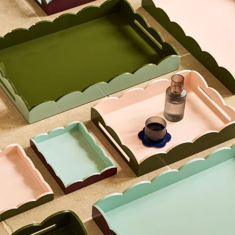 10x8 Scalloped Small Lacquered Tray Two-Tone Eau De Nil & Khaki - Image 2