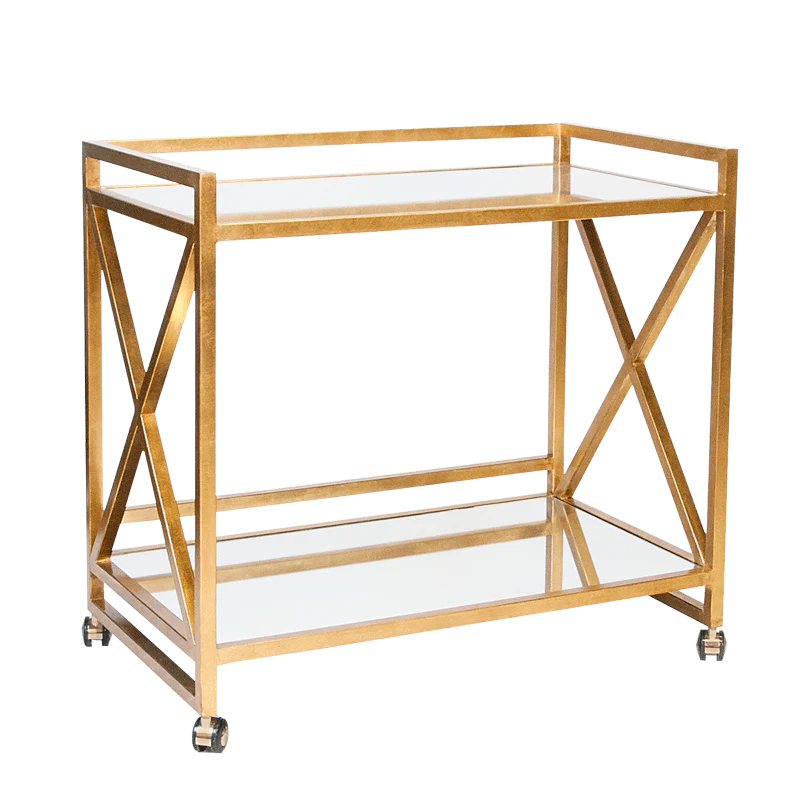 Gold Leaf Bar Cart "X" With Mirror Shelves