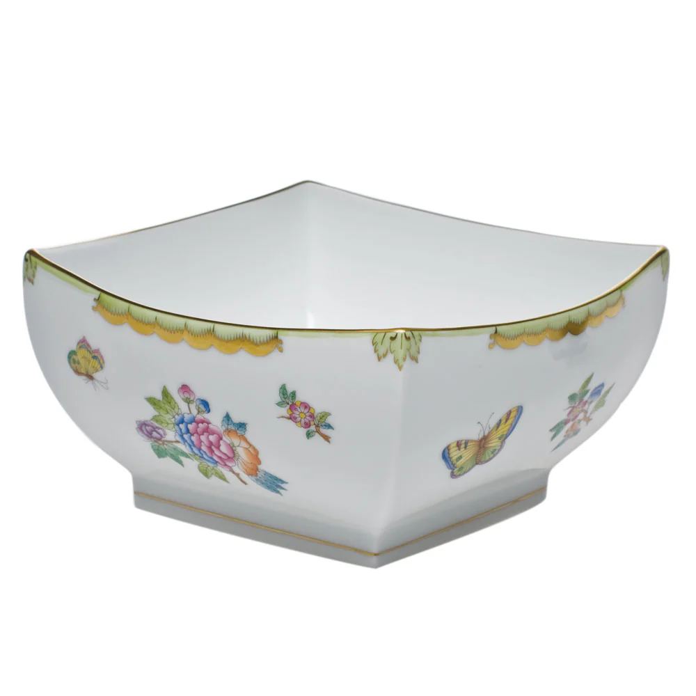 Queen Victoria Large Square Bowl 8"l X 4"h - Green Border