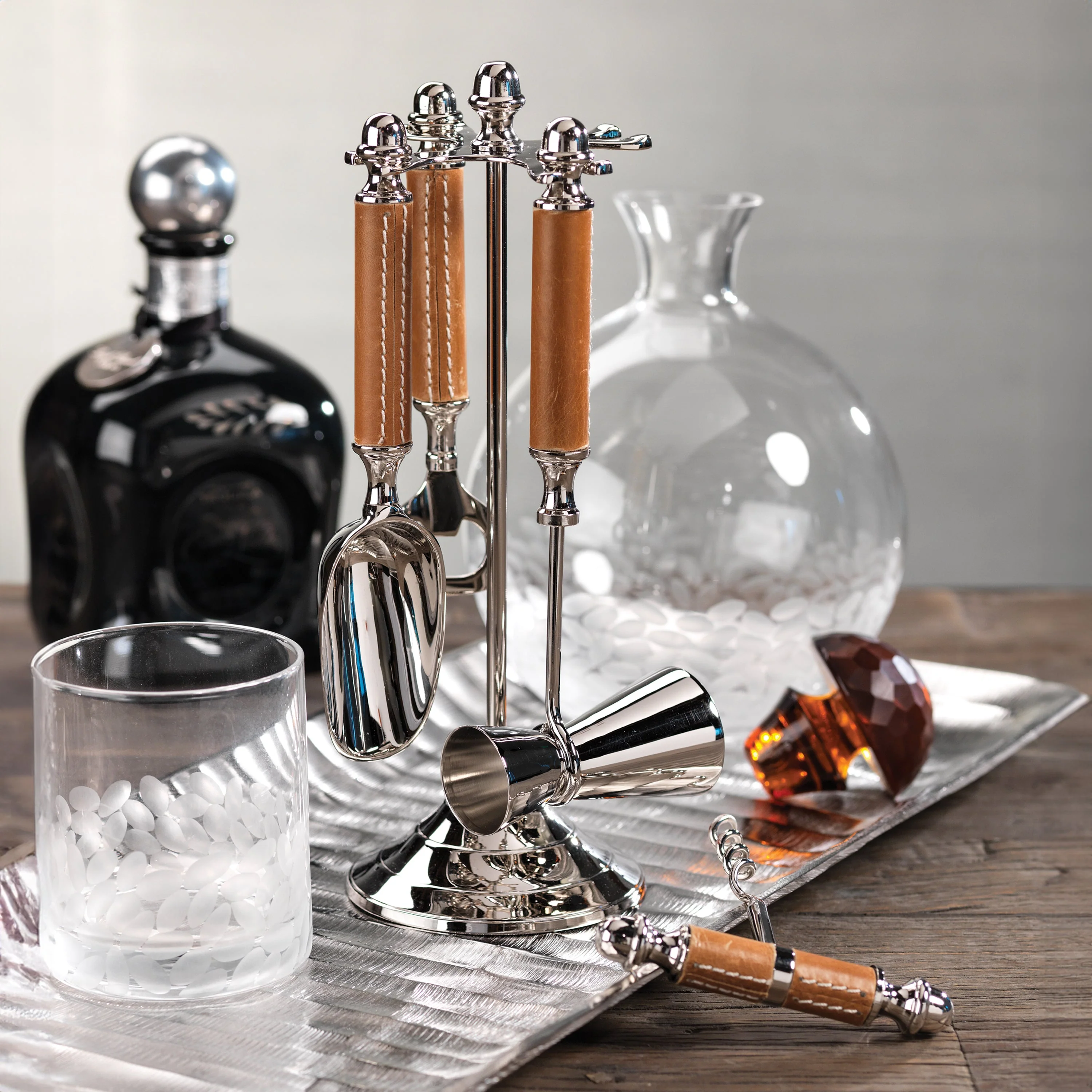 Polished Nickel & Leather Bar Tool Set - Image 2