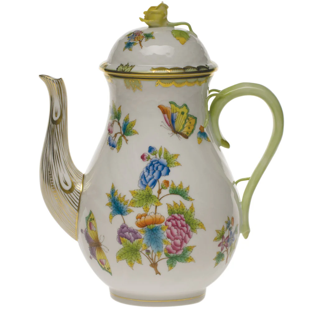 Queen Victoria Coffee Pot W/rose (60 Oz) 10"h - Green Border