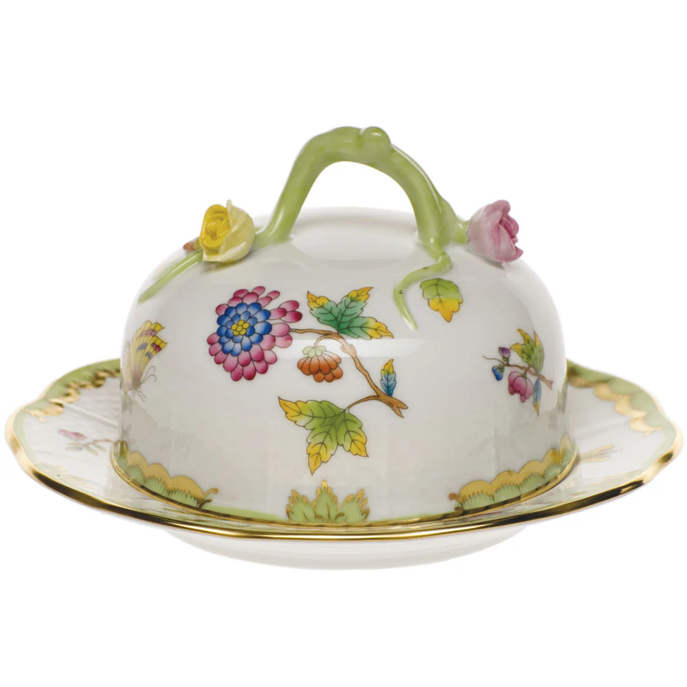 Queen Victoria Cov Butter Dish  6"d 3.5"h - Green Border