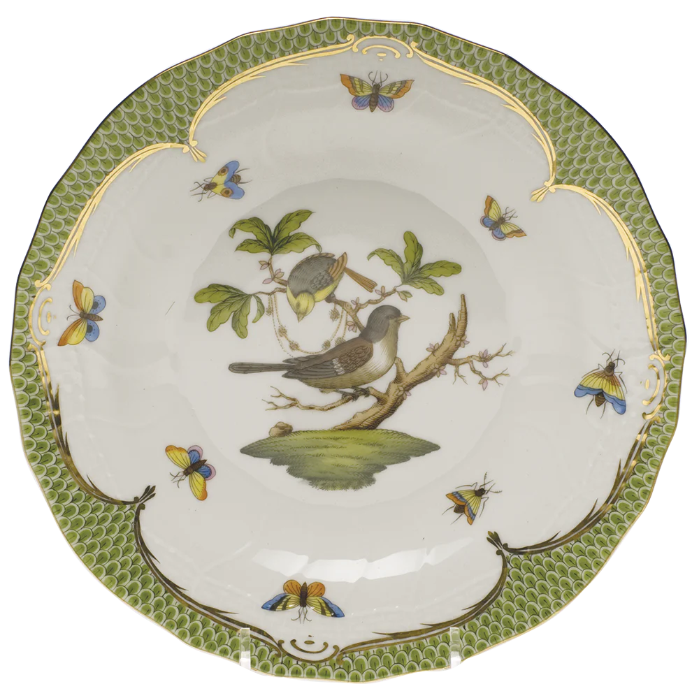Rothschild Bird Green Bord Dessert Plate - Motif 01 8.25"d - Green Border