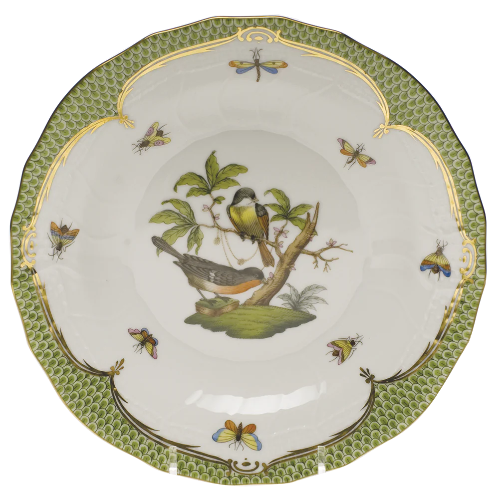 Rothschild Bird Green Bord Dessert Plate - Motif 02 8.25"d - Green Border