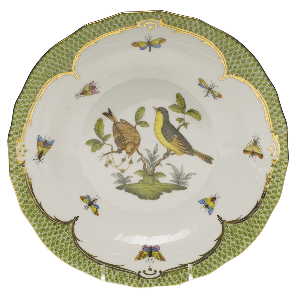 Rothschild Bird Green Bord Dessert Plate - Motif 07 8.25"d - Green Border