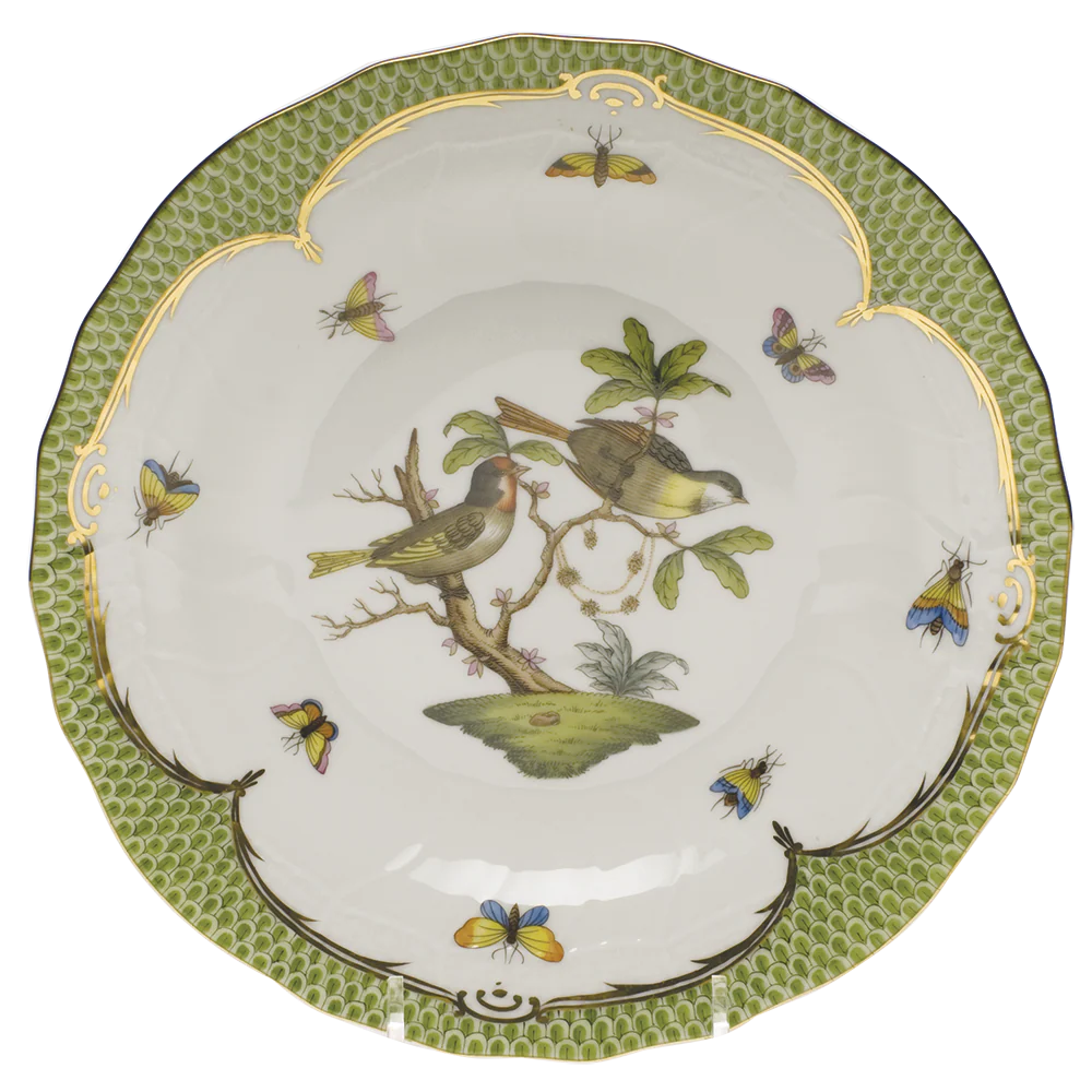 Rothschild Bird Green Bord Dessert Plate - Motif 11 8.25"d - Green Border