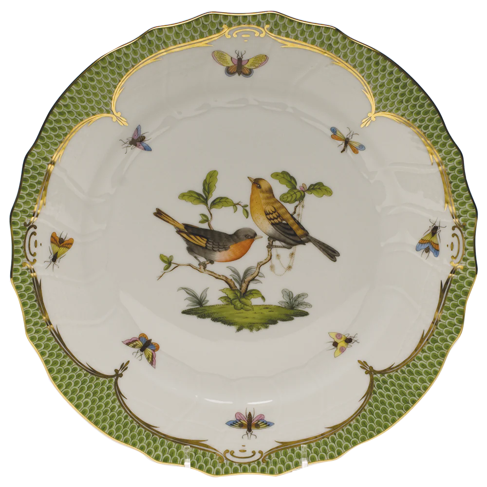 Rothschild Bird Green Bord Dinner Plate - Motif 09 10.5"d - Green Border