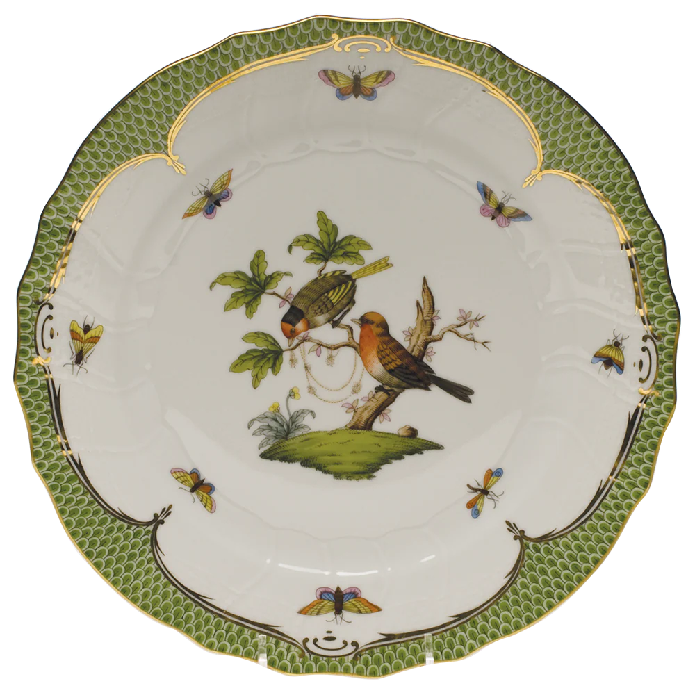 Rothschild Bird Green Bord Dinner Plate - Motif 10 10.5"d - Green Border