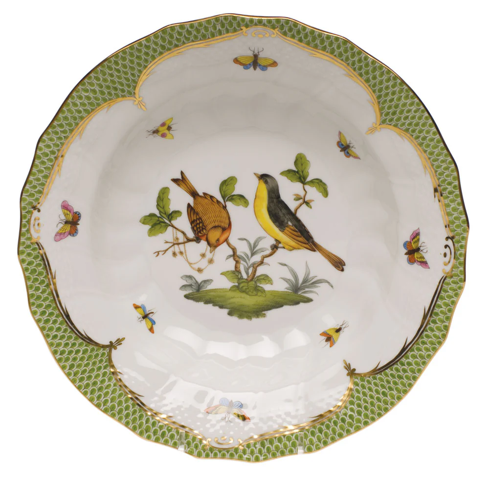 Rothschild Bird Green Bord Rim Soup - Motif 07 9.5"d - Green Border