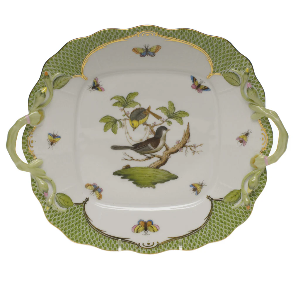Rothschild Bird Green Bord Square Cake Plate W/handles  9.5"sq - Green Border