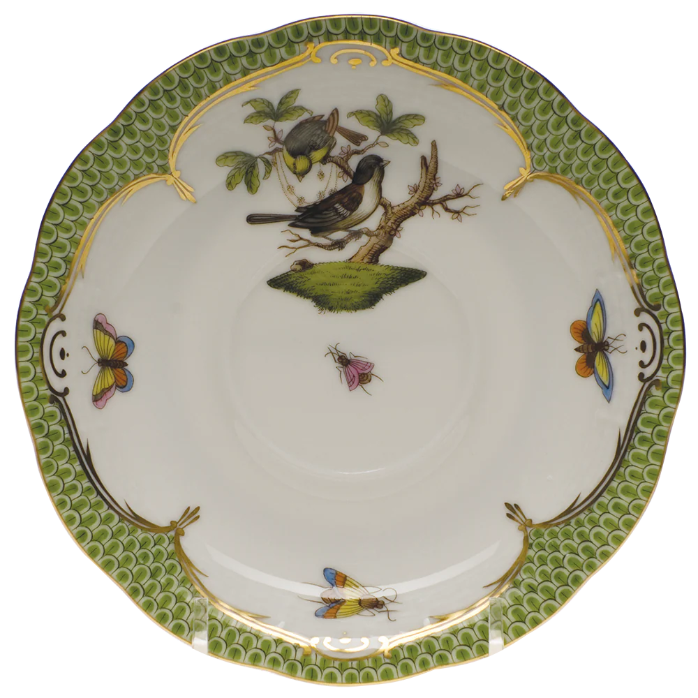 Rothschild Bird Green Bord Tea Saucer - Motif 01 6"d - Green Border