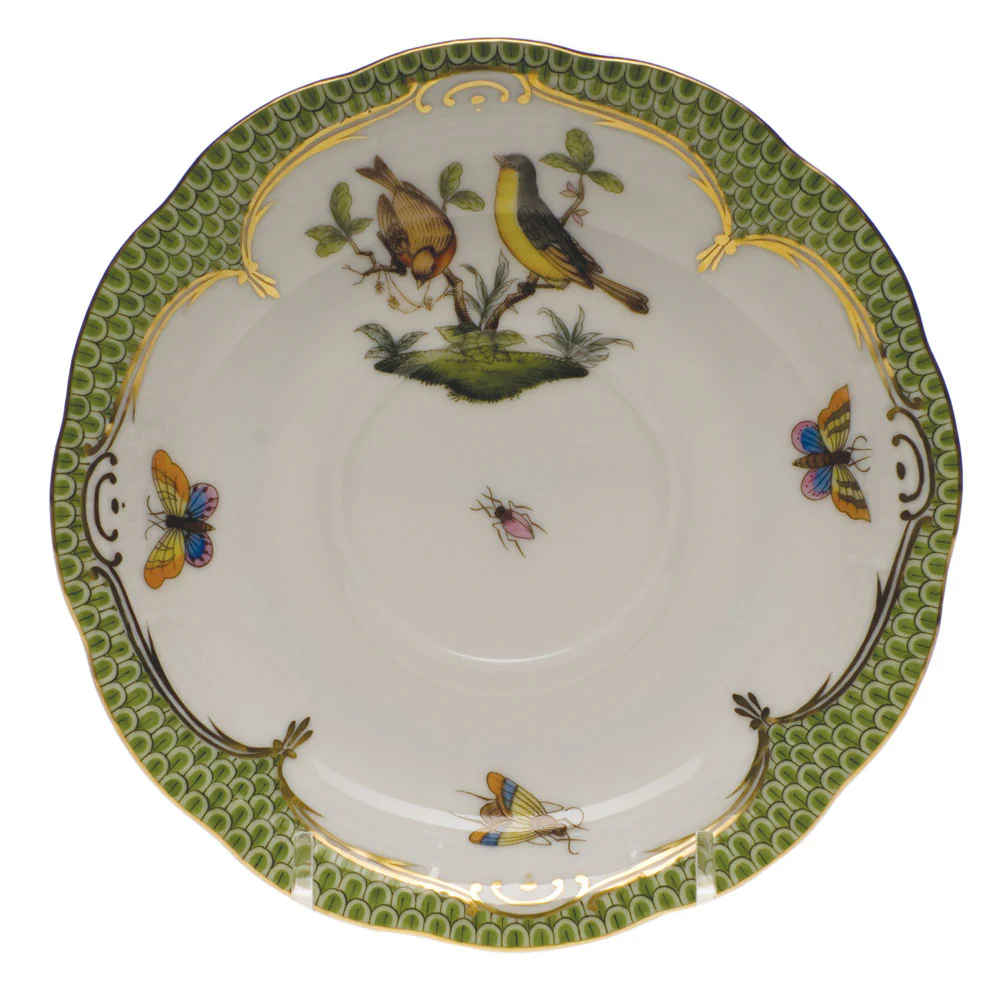 Rothschild Bird Green Bord Tea Saucer - Motif 07 6"d - Green Border - Image 2