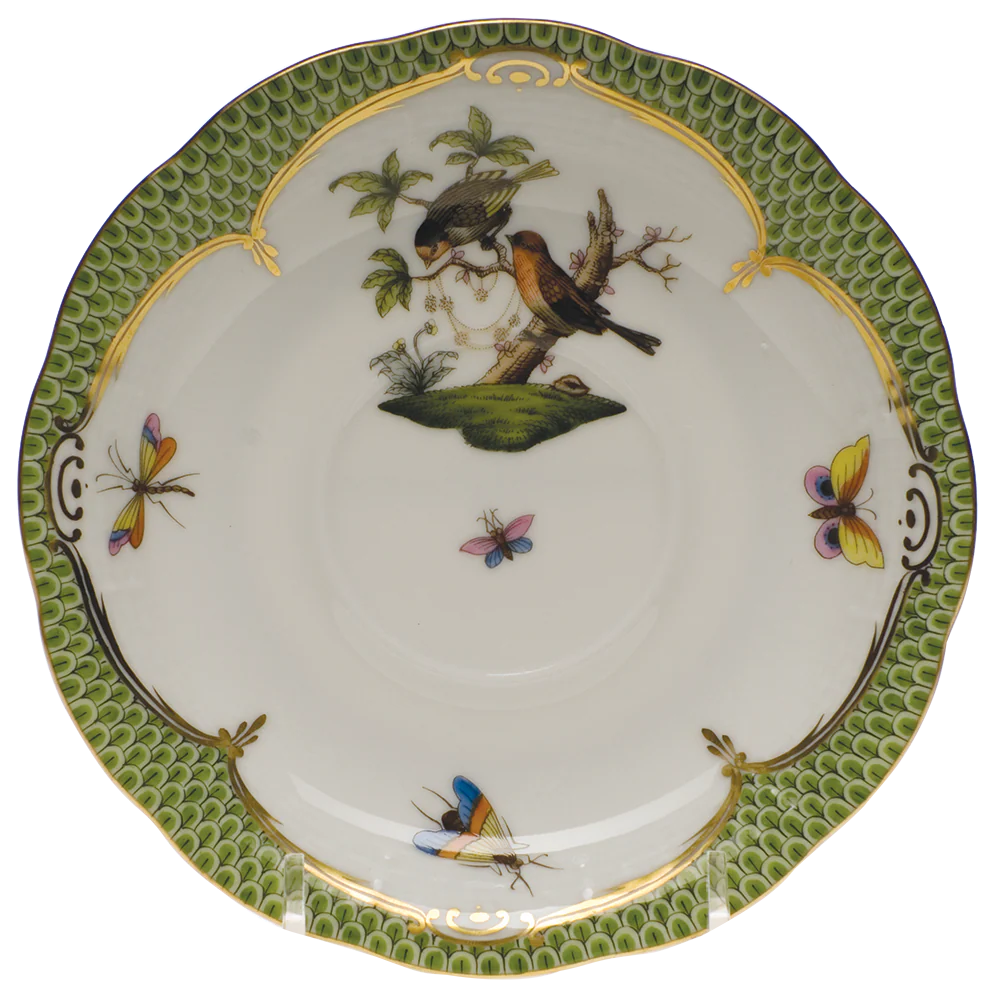 Rothschild Bird Green Bord Tea Saucer - Motif 10 6"d - Green Border