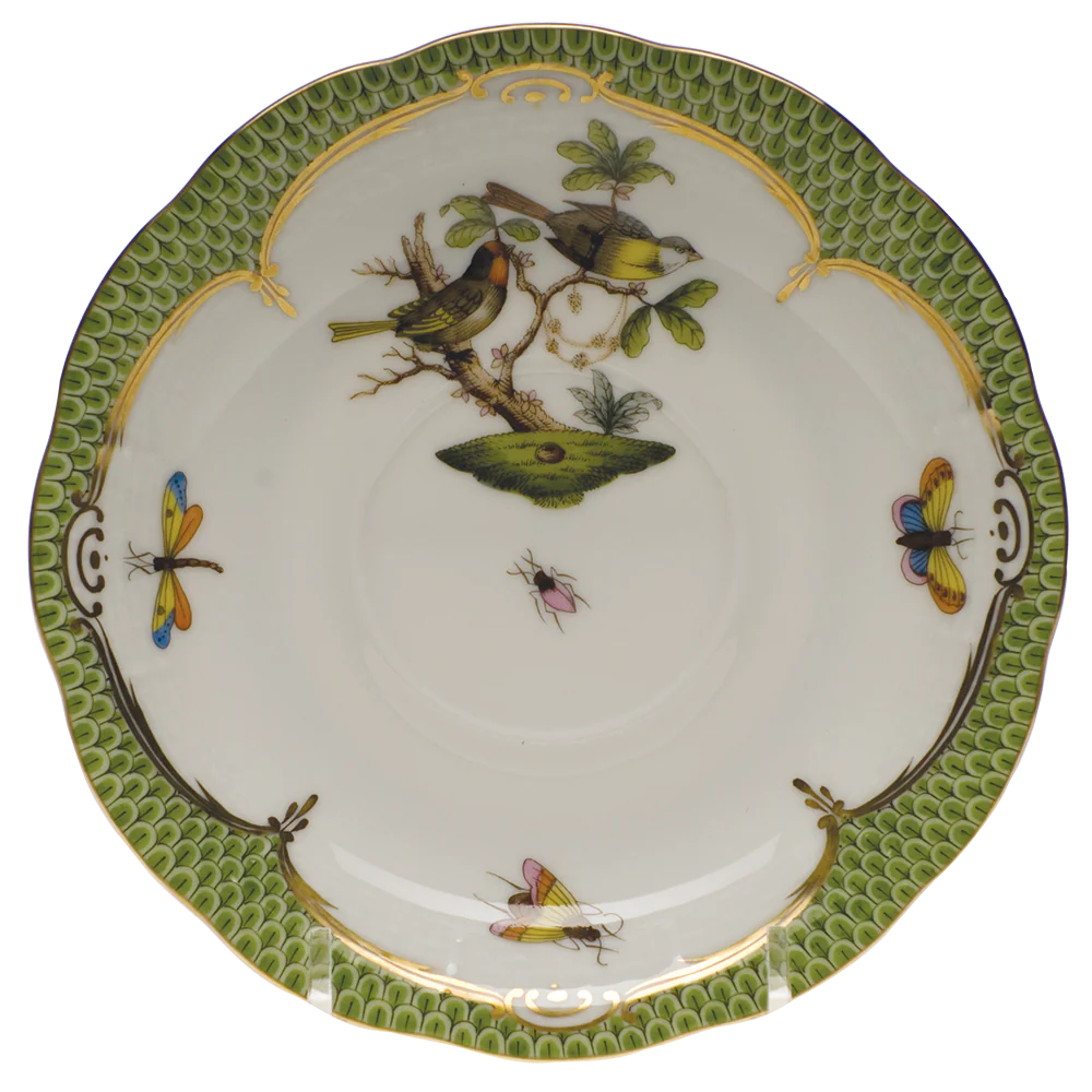 Rothschild Bird Green Bord Tea Saucer - Motif 11 6"d - Green Border