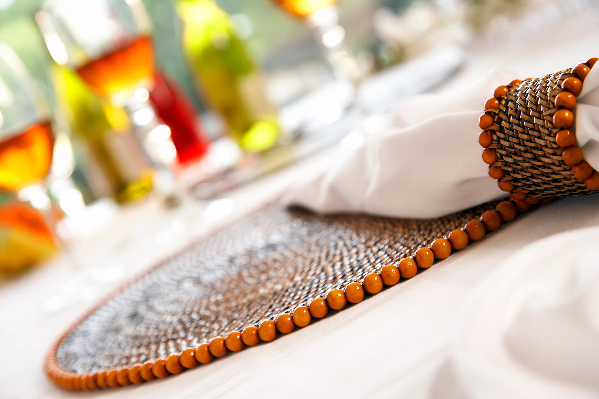 Round Placemat  with Beads, Orange, Set of 4 pcs