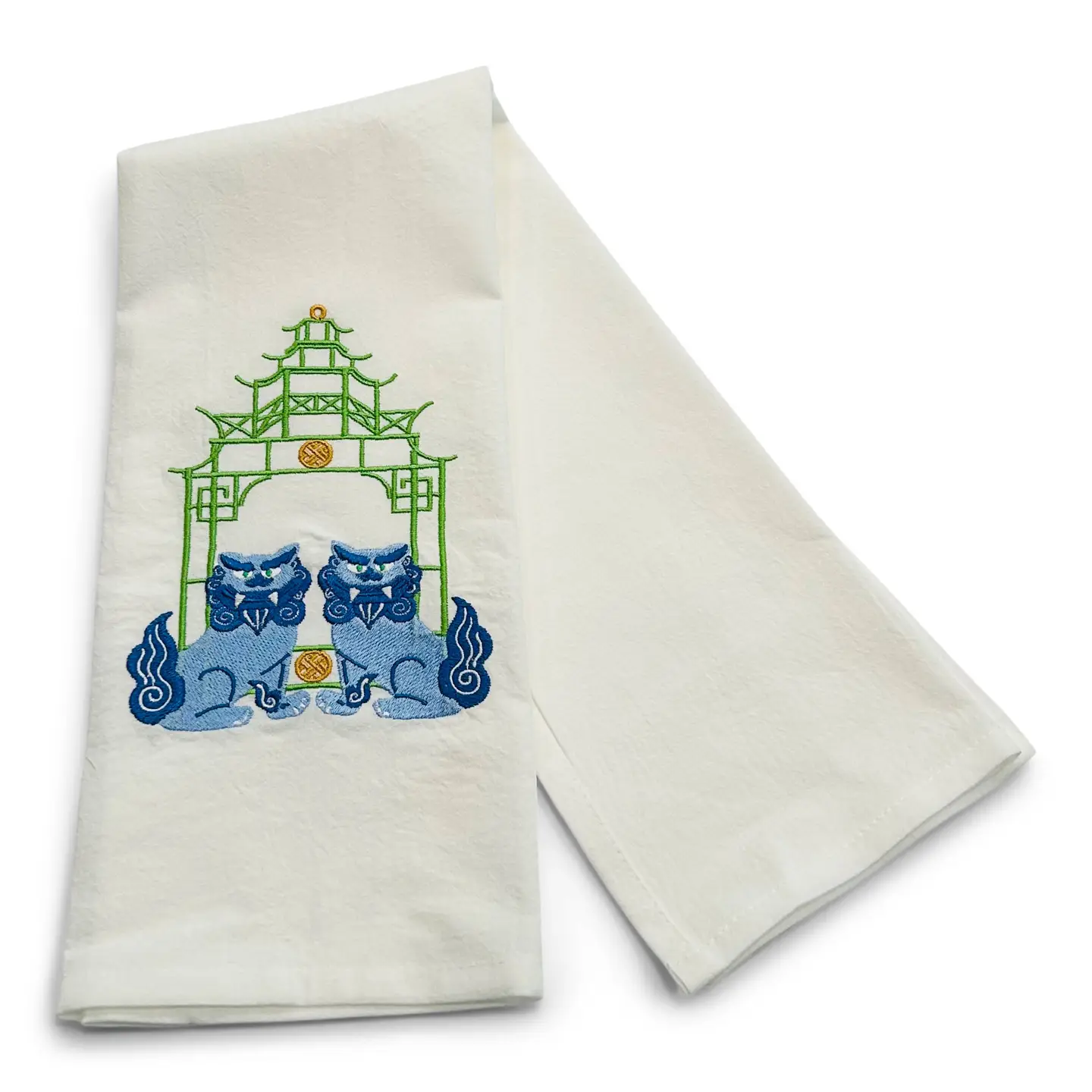 Tea Towel — Blue Shisa Lions with Green Pagoda on White - Image 2