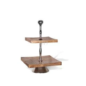 Two Tier Wood Cake Plate with Metal Stand